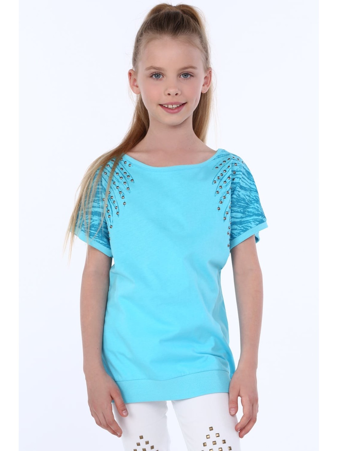 Girls\' blouse with round studs, turquoise NDZ8282 - Online store - Boutique